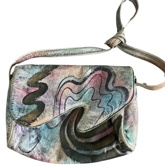 Vintage Handbags - Vintage 80s Brit Rosen Signed Hand Painted Abstract Leather Shoulder Bag Purse